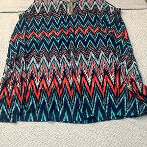 Sleeveless Chevron Print Tank Top - Teal, Navy & Coral